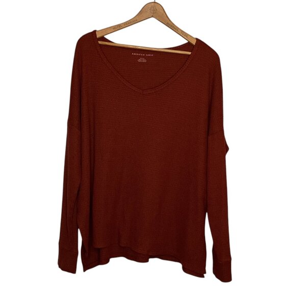 American Eagle Small S Rust Red Oversized Slouchy Thermal Waffle Knit Top Shirt - Picture 1 of 4
